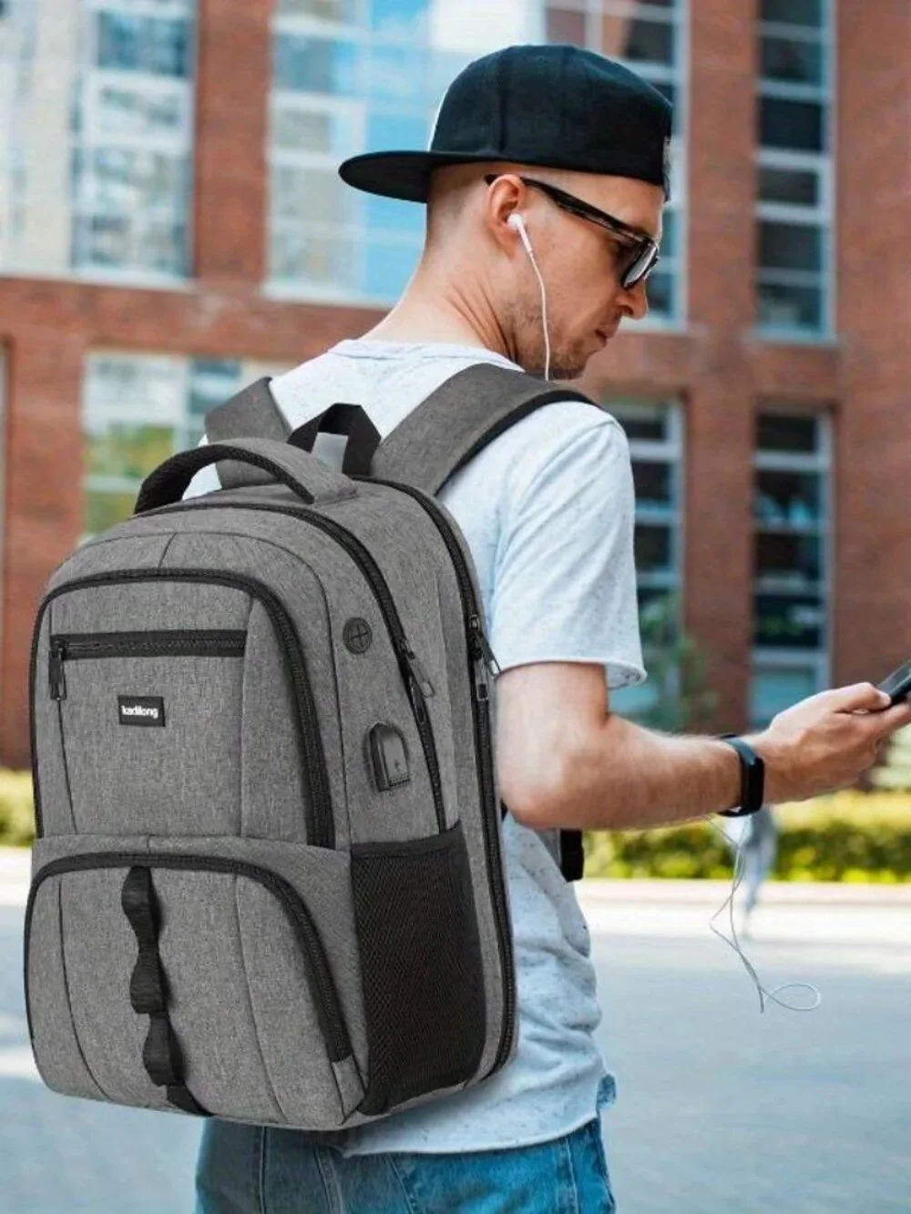 Grey Backpack with Adjustable Shoulder Straps, Zipper Closure, Multiple Pockets